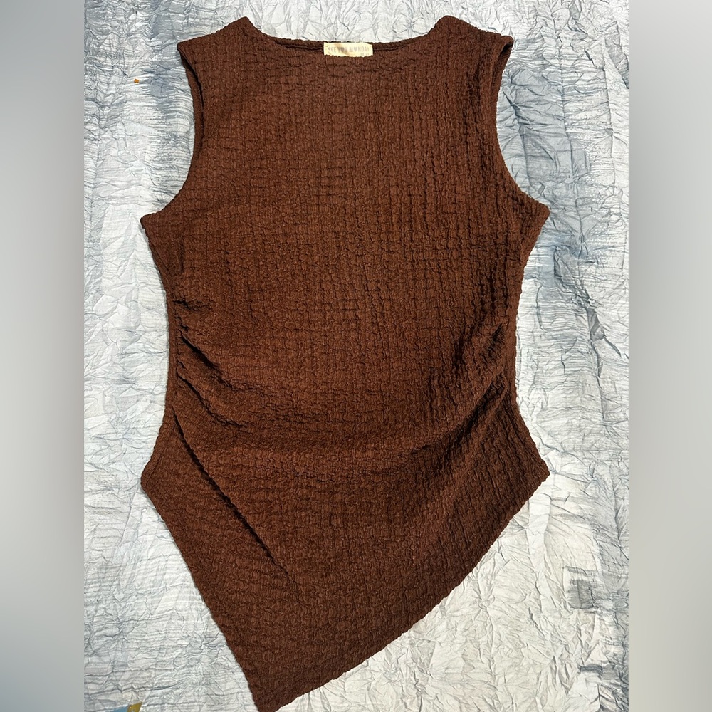 150. See You Monday Brown Textured Sleeveless bottom V line shirt